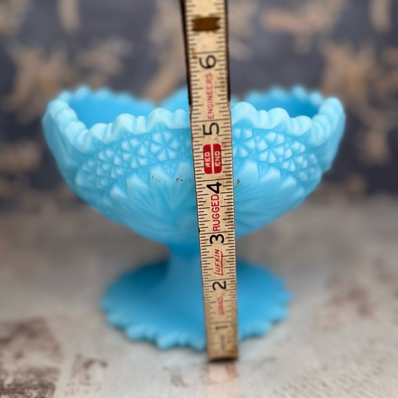 Vintage Fenton Blue Satin Glass Pedestal Compote Bowl Signed Estate - Picture 6 of 11